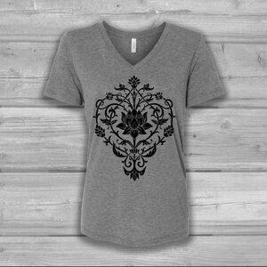 NWOT V Neck Gray T Shirt with Lotus Floral, Various Sizes